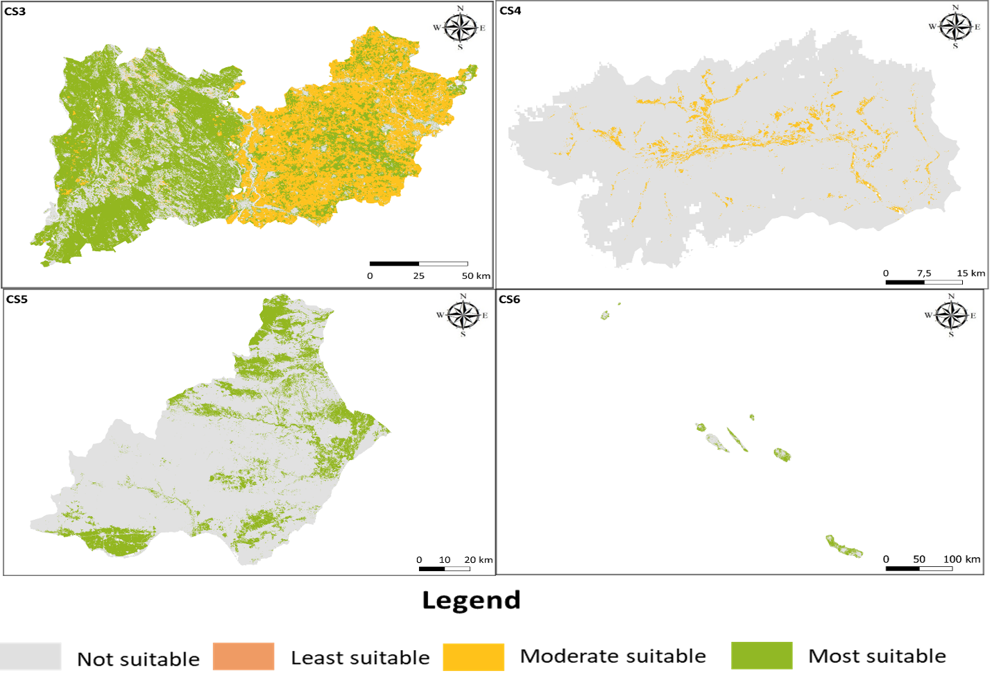 Technical note (added at 02/04/2025): The suitability maps are displayed in ETRS89-extended / LAEA Europe, an equal-area projected coordinate system centered on Europe. This projection was chosen because it preserves area, which is important for the calculations, but it distorts angles and shapes. As a result, the map may appear visually distorted, especially when compared to familiar web maps.